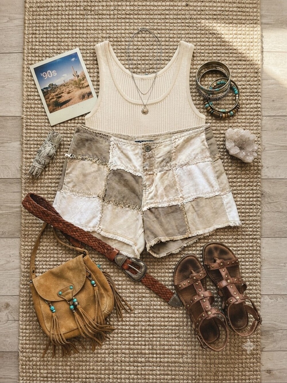 90s Y2K No Boundaries Tan Patchwork Cotton Denim Shorts